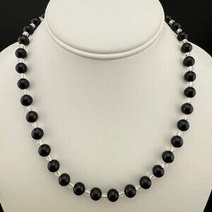 Black Gemstone & Clear Gemstone Sterling Silver Bead Necklace With Lobster Clasp
